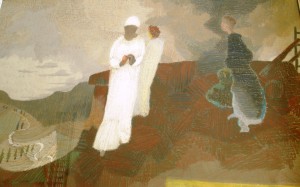 'The three Marys afar off' by Patrick Pye, pastels, 1973, based on Matthew 27:55