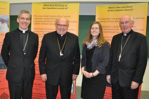 Archbishop Charles J.Brown, Papal Nuncio to Ireland, Cardinal William Levada*, Ms Elaine Mahon, Veritas and Cardinal Seán Brady, Archbishop of Armagh pictured at a Year of Faith event today on the Catechism of the Catholic Church in Saint Patrick’s College Maynooth, Co Kildare. Photo: Brenda Drumm