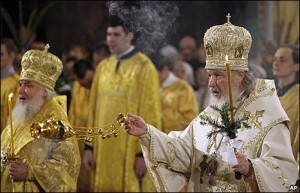 The midnight service in Moscow's Christ the Saviour cathedral was led by the Russian Orthodox Church's interim leader, Metropolitan Kirill. Photo: Courtesy BBC. 