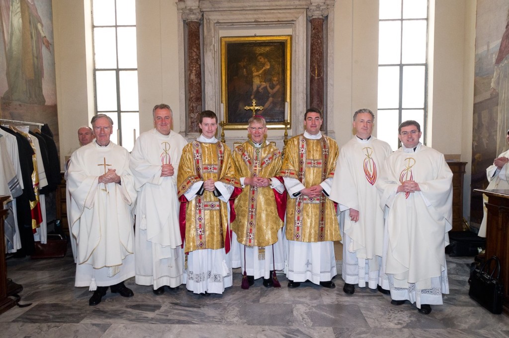 (L to R) Fr Tom Norris (Spiritual Director), Mgr Ciarán O’Carroll, Rector, Rev Conor McCarthy (new Deacon, Diocese of Down and Connor), Bishop John Buckley (ordaining Bishop), Rev Marius O’Reilly (new Deacon, Diocese of Cork and Ross), Fr George Hayes (Vice Rector), Fr Hugh Clifford (Director of Formation).