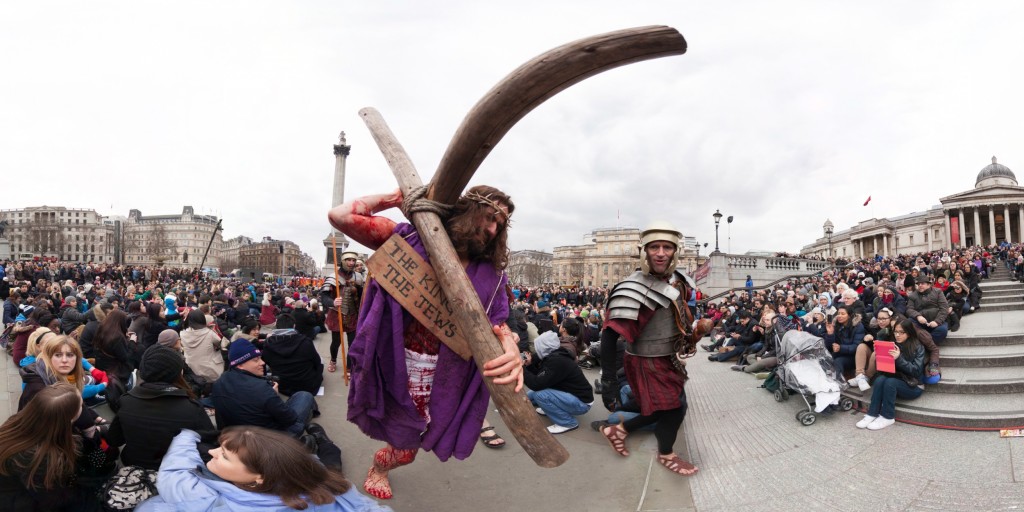 The Wintershall Players perform the Passion of Christ in London's Trafalgar Square. 