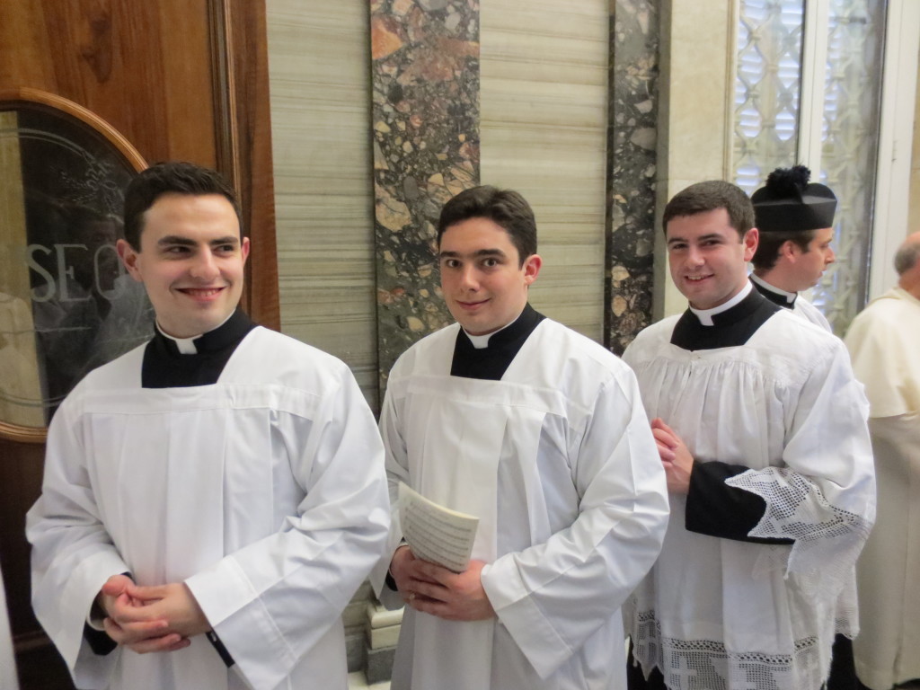Irish seminarians queuing for Sunday Vespers in St Peter's Basilica: David Vard (Kildare & Leighlin), Robert Smyth (Dublin) and Fr Damien Lynch (Cloyne).