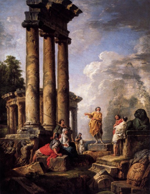 Paul preaching in Roman historic ruins