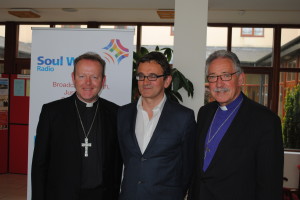Archbishop Eamon Martin of Armagh, singer/songwriter Eamon Keane and Church of Ireland Bishop of Limerick and killaloe, Dr Trevor Williams, who is a former BBC television producer. Photo: Michael McCullagh. 