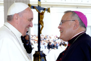 Pope Francis greets Philadelphia Archbishop Charles Chaput. 