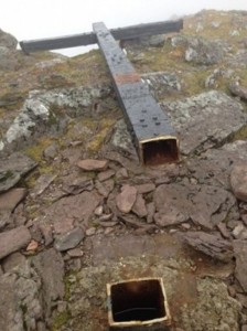 Vandalised cross at top of Carrauntoohil