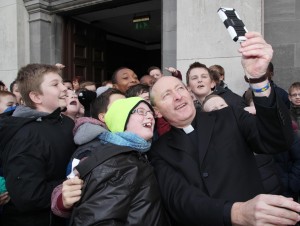 The Bishop elect of Waterford and Lismore taking a selfie with pupils from St Stephen's De La Salle in Waterford. Pic John Mc Elroy.