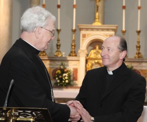 Pic shows Fr Alphonsus Cullinan Bishop elect of Waterford and Lismore being congradulated by Bishop William Lee Bishop Emeritus of Waterford and Lismore in the Cathedral of the Most Holy Trinity in Waterford. Pic John Mc Elroy. 