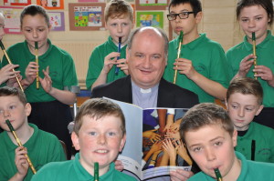 Fr Michael Drumm with students from Scoil Aine Naofa at the launch of the CSP inclusion document - Catholic Primary Schools in a Changing Ireland: Sharing Good Practice on the Inclusion of all Pupils. Pic: Brenda Drumm. 