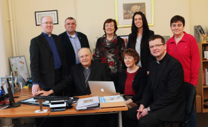 At the launch of the new website are seated from left Bishop Leo O’Reilly; Anne Clarke, Centre Administration; and Fr Enda Murphy, Diocesan Director of Pastoral Services & Youth Ministry. (Back Row – standing): Fr Ultan McGoohan, Chair of Diocesan Pastoral Centre Board of Management; Seán Coll, Pastoral Centre Director; Nancy Sheils, Secretary of Diocesan Catholic Primary Schools Managers’ Association;  Jennifer O’Reilly, Diocesan Finance Officer; and Suzie Duffy, Diocesan Safeguarding Director. Photo: Lorraine Teevan.