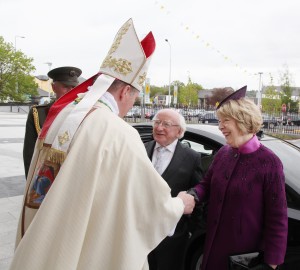 Bishop Francis Duffy Bishop of Ardagh and Clonmacnois greeting President Michael D. Higgins and his wife Sabina on their arrival at St Mel's Cathedral for the Mass of Rededication. Pic John Mc Elroy. 