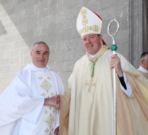 Pic shows newly ordained Fr Seamus O'Rourke with Bishop Francis Duffy of Ardagh And Clonmacnois after the cermony in St Mel's Cathedral Longford on Sunday. Pic John Mc Elroy.