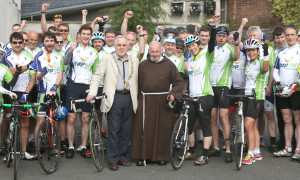 Br Kevin crowley and Christy Burke, Lord Mayor of Dublin, with cylists taking part in the The Great Escape charity cycle 2015 sponsored by Top Oil to raise funds for The Capuchin Day Centre for Homeless in Dublin City Centre. Cyclists leave Dublin on Friday to arrive in Belmullet, Co. Mayo today, a distance of 300km. Picture credit; Damien Eagers NO FEE 12/6/2015
