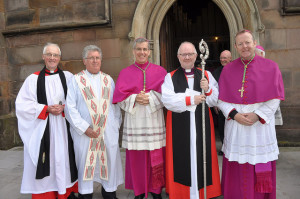 Dean Gregory Dunstan, Fr Sean McDonagh SSC, the Papal Nuncio Archbishop Charles Brown, the Church of Ireland Priamte of All Ireland, Archbishop Richard Clarke and the Priamte of All Ireland Archbishop Eamon Martin marking the 1400th anniversary of the death of St Columbanus at St Patrick's Cathedral Armagh. Pic: LiamMcArdle.com