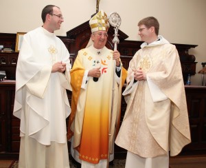 3.6.15 ORDINATION TO THE PRIESTHOOD. The Archdiocese of Dublin has two new priests as Archbishop Diarmuid Martin ordained Paul Glennon and Christopher Derwin to the Diocesan priesthood in St Mary's Pro Cathedral on Wednesday morning. Paul Glennon (41) is originally from Dunmore in Co Galway. Chris Derwin (32) is from Milltown and Rathmines in Dublin and will be the youngest priest in the Archdiocese of Dublin. Pic shows Archbishop Diarmuid Martin Chatting with  Fr Christopher Derwin and Fr Paul Glennon after their ordination cermony in St Mary's Pro Cathedral Dublin on Wednesday morning. Pic John Mc Elroy. NO REPRO FEE.