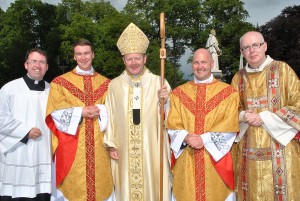 Fr Aidan McCann and Fr Brian Slater, centre,  with Archbishop Eamon Martin and seminarians Barry Matthews and Damian Quigley after their ordination in St Patrick's Cathedral Armagh.    Ordination to the Preisthood of Brian Slater and Aidan McCann   St Patrick's Cathedral Armagh   5 July 2015  Credit: LiamMcArdle.com