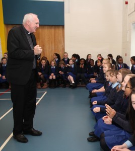 28.9.2015 LAUNCH OF NEW RELIGIOUS EDUCATION PROGRAMME FOR CATHOLIC SCHOOLS: GROW IN LOVE. Today at the Presentation Girls National School in Maynooth Co Kildare the Launch of a new Catholic Preschool and Primary School Religious Education Curriculum for Ireland (2015 ) and it's related Religious Education programme 'Grow in Love' took place. This is the first time in history of primary religious education that teachers have been offered in the form of a curriculum a structured outline of religious education as an academic discipline. 'Grow in Love' is the religious education programme based on the curriculum and will be available for use in junior and senior (p1 and p2)classes from Sept 2015. The new Catholic preschool and primary school curriculum for Ireland 2015 will be rolled out Catholic primary schools on the island of Ireland over the next four years. Pic shows Bishop Brendan Leahy Bishop of Limerick and chair of the Council for Catechetics chatting with pupils from Presentation Girls School in Maynooth where the launch took place. Pic John Mc Elroy. NO REPRO FEE. Further info Martin Long 086/1727678.