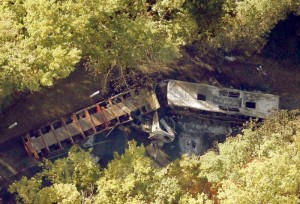 Aerial view of the site where a coach carrying members of an elderly people's club collided with a truck (L) outside Puisseguin near Bordeaux in France. Photo courtesy: REUTERS/Regis Duvignau