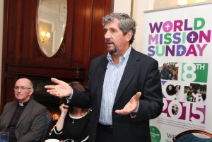 6.10.15 CHARLIE BIRD GOES ON THE ROAD WITH MISSIONARIES. An Irish Mission Charity is taking a novel approach to engage and inform people about mission and the Catholic Church today. A dvd featuring Missionaries and their work will be shown in Churches/masses throughout Ireland this October. Journalist Charlie Bird joined staff mambers from 'World Missions Ireland' on a mission trip to South Korea and the Philippines and has produced a dvd that is due to be shown at masses throughout Ireland on Mission Sunday 18th October. Describing the trip Charlie said it was "an amazing experience and i met so many remarkable Missionaries doing incredabe work" Pic shows Charlie Bird speaking at the dvd launch in Dublin (today 6.10.15) with Fr Maurice Hogan SCC, World Missions Ireland National Director (seated). PIc John Mc Elroy. NO REPRO FEE. Further info Sally Mc Ellistrim 086-9471600 01-4972035.