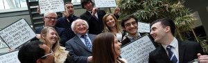 Repro Free: Thursday 20th Feb 2014. President of Ireland Michael D. Higgins visits University College Dublin, to attend the launch of first student event of Ethics Initiative. Pictured with President of Ireland Michael D. Higgins were UCD students Aloke Das, Daisy Kinahan Murphy, Clay D'Arcy, Joe O'Connor, Ronan Walsh, Paulina Szklanna, Manuel Sant'Ana, Michael Gallagher, and Doirean Shivnan. Picture Jason Clarke Photography.