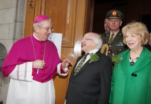 17.3.2016 ST PATRICK'S DAY MASS IN PRO CATHEDRAL. On St Patrick's Day President Michael D. Higgins and his wife Sabina attended mass in St Mary's Pro Cathedral Dublin. The principal celebrant was Fr Bryan Shortall OFM CAP. Music was provided by 'In Caelo" from Newbridge and after the mass Archbishop Diarmuid Martin blessed shamrock. Pic shows Archbishop of Dublin Diarmuid Martin greeting President Michael D. Higgins and his wife Sabina after St Patrick's Day mass in St Mary's Pro Cathedral Dublin. Pic John Mc Elroy. NO REPRO FEE.