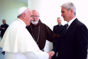 Mark Vincent Healy meets Pope Francis in 2014 and Cardinal Sean O'Malley of Boston.