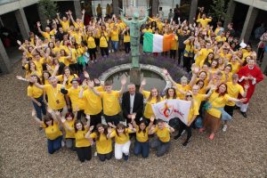 Archbishop Diarmuid Martin with the Dublin pilgrims as they depart from Dublin Airport on Monday for World Youth Day in Krakow in Poland. Pic John Mc Elroy.