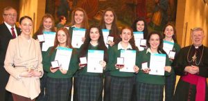 Award winners from Sacred Heart School, Westport, with Archbihsop Neary, Barry McMahon of the Knights of St Columbanus and school principal Anne Murphy