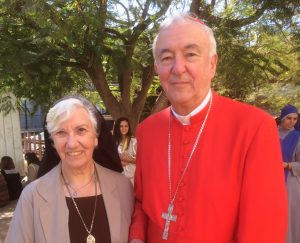 Sr Bridget Tighe FMDM, executive director of Caritas Jerusalem in Gaza and Cardinal Vincent Nichols of Westminster. 