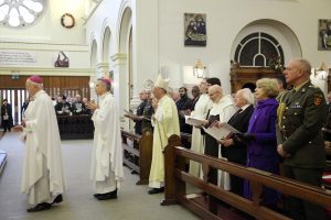 Archbishop Diarmuid Martin processing to the altar with Bishop Eamonn Walsh and the Papal Nuncio, Archbishop Charles Brown, watched by President Michael D. Higgins and his wife Sabina at the World Day of Peace Mass in St Theresa's Church Clarendon Street Dublin. Pic John Mc Elroy. 